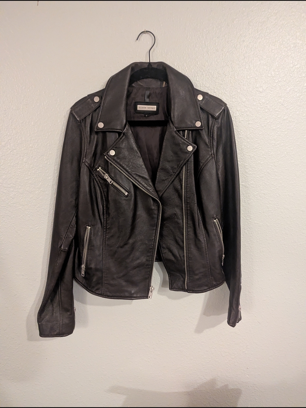 Black Rivet Dark Brown Genuine Leather Moto Jacket with Silver Hardware